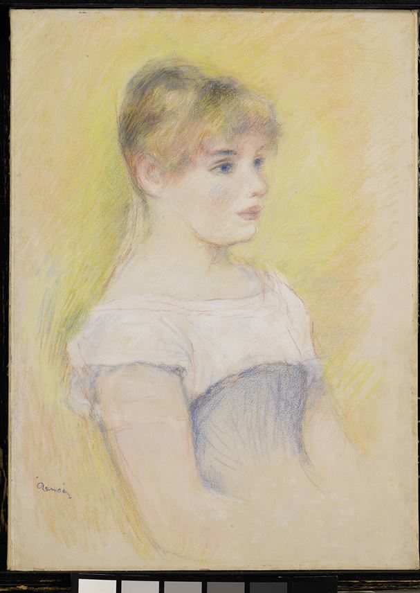 Pierre Auguste Renoir - Portrait of Jeanne Samary (Fille au corset bleu) (Une blonde aux yeux bleus, vue de trois quarts sun un fond jaune) | MasterArt